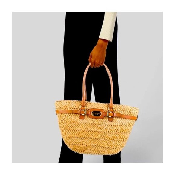 Michael Kors Hamilton Straw Large Tote Tangerine - Picture 1 of 16